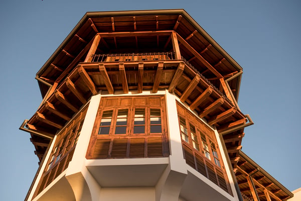 Wood eaves and windows in the Monkey Tower