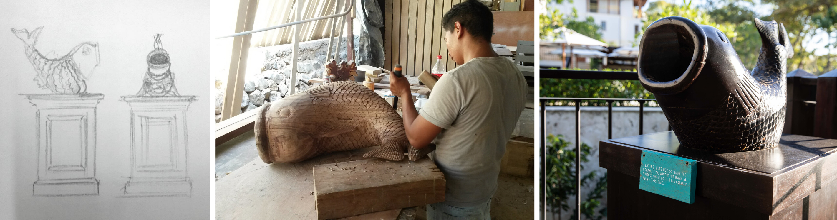 Process of a wood fisch sculpture made at the shop.